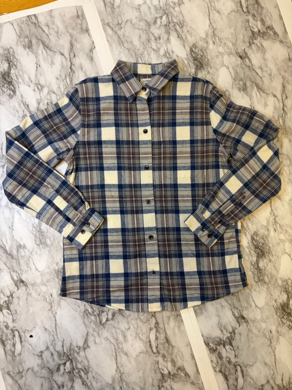 L.L. Bean Blue, Cream and Brown Plaid Button-Down Shirt 100% cotton